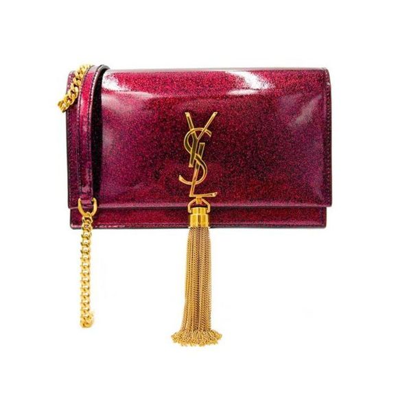 Saint Laurent Monogram Kate Chain Wallet Glitter Tassel Red Patent Leather Shoul - Picture 5 of 12